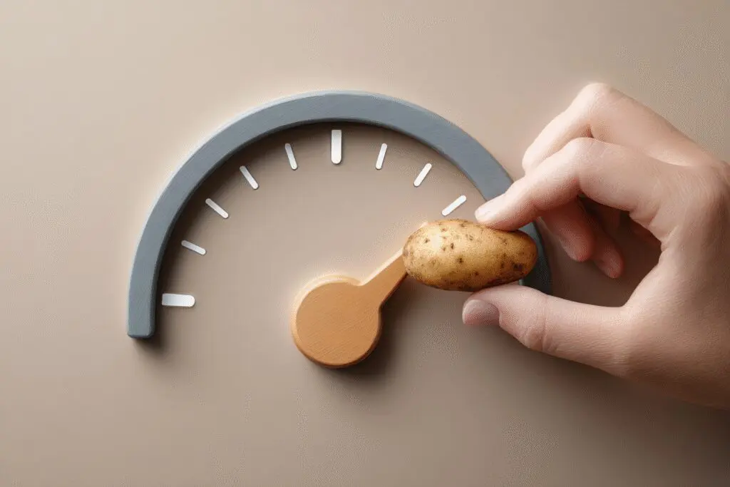 A baked potato filling up an energy gauge answering the FAQ on are potatoes good for weight loss A baked potato filling up an energy gauge answering the FAQ on are potatoes good for weight loss