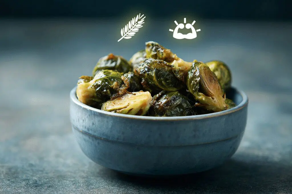 A bowl of brussel sprouts with fiber and protein icons explaining if are brussel sprouts good for weight loss