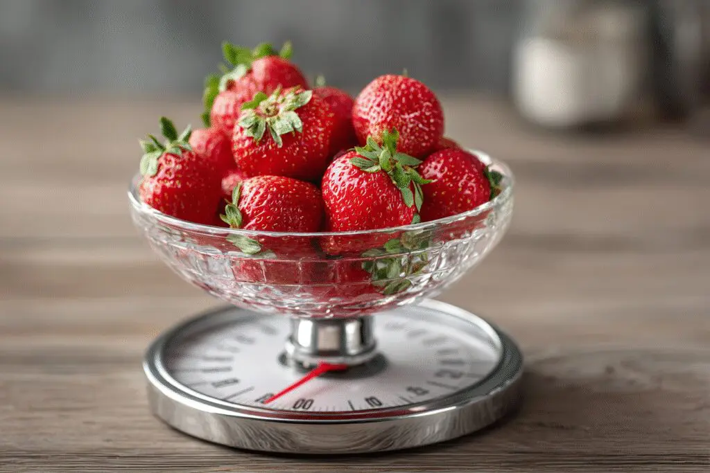 A bowl of strawberries barely registering on a weight scale answering are strawberries good for weight loss