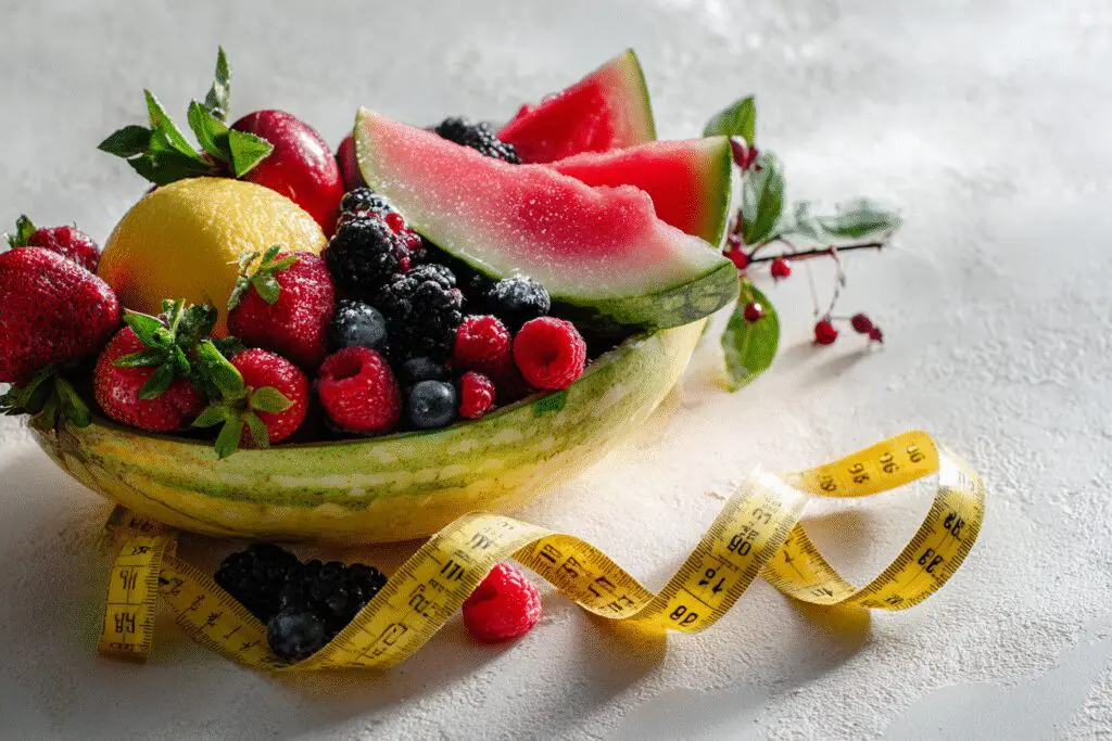 A cornucopia of fruit with a measuring tape illustrating what fruits are good for weight loss