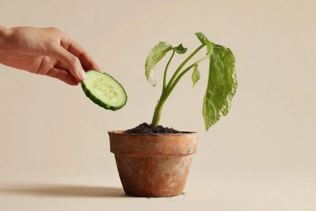 A cucumber slice reviving a wilted plant a visual for the FAQ on are cucumbers good for weight loss A cucumber slice reviving a wilted plant a visual for the FAQ on are cucumbers good for weight loss