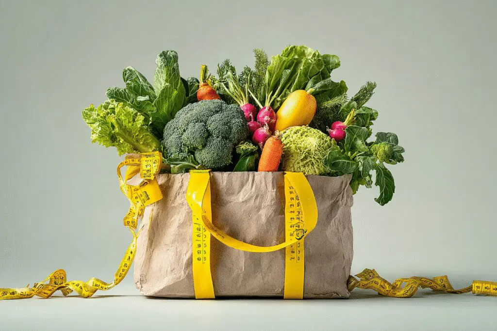 A grocery bag of vegetables with a measuring tape bow illustrating what vegetables are good for weight loss