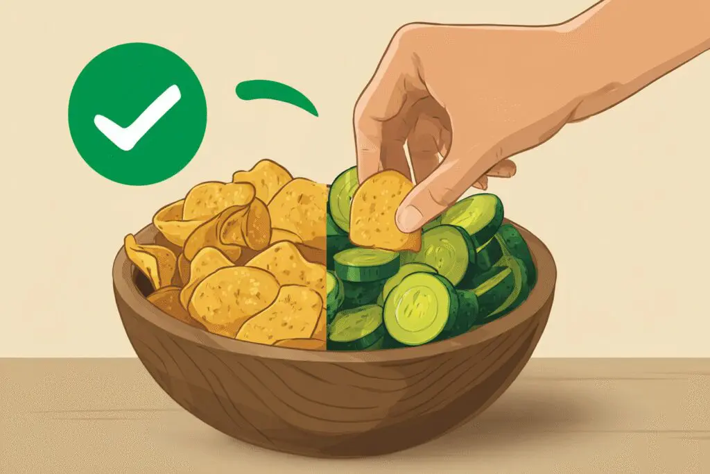 A hand choosing a pickle over a potato chip a visual for the FAQ on are pickles good for weight loss A hand choosing a pickle over a potato chip a visual for the FAQ on are pickles good for weight loss