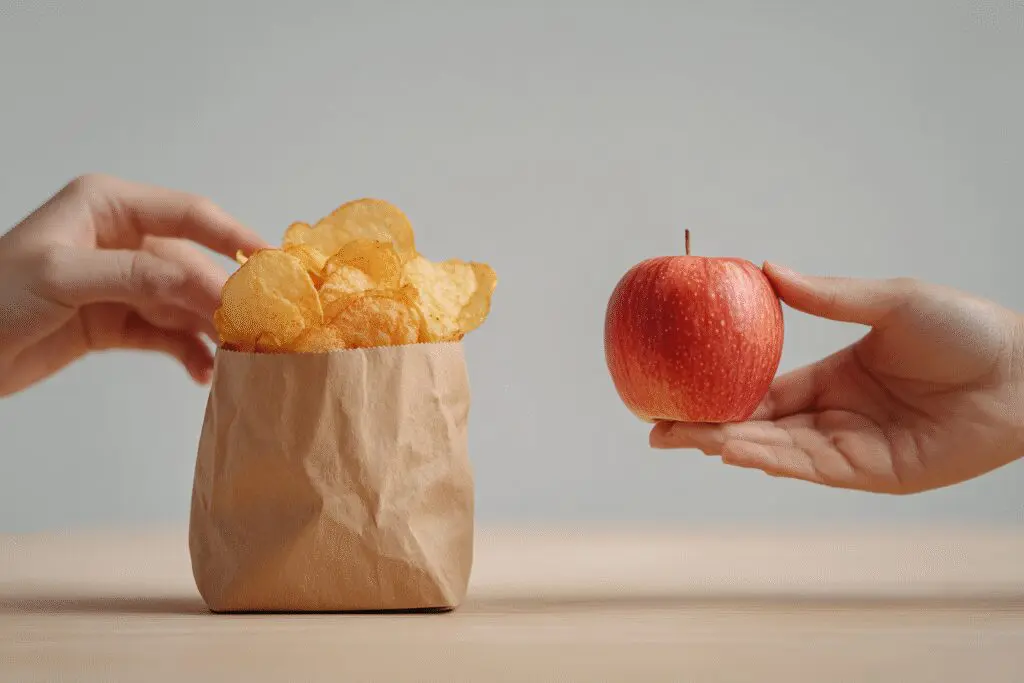A hand swapping chips for an apple a guide for the FAQ are apples good for weight loss A hand swapping chips for an apple a guide for the FAQ are apples good for weight loss