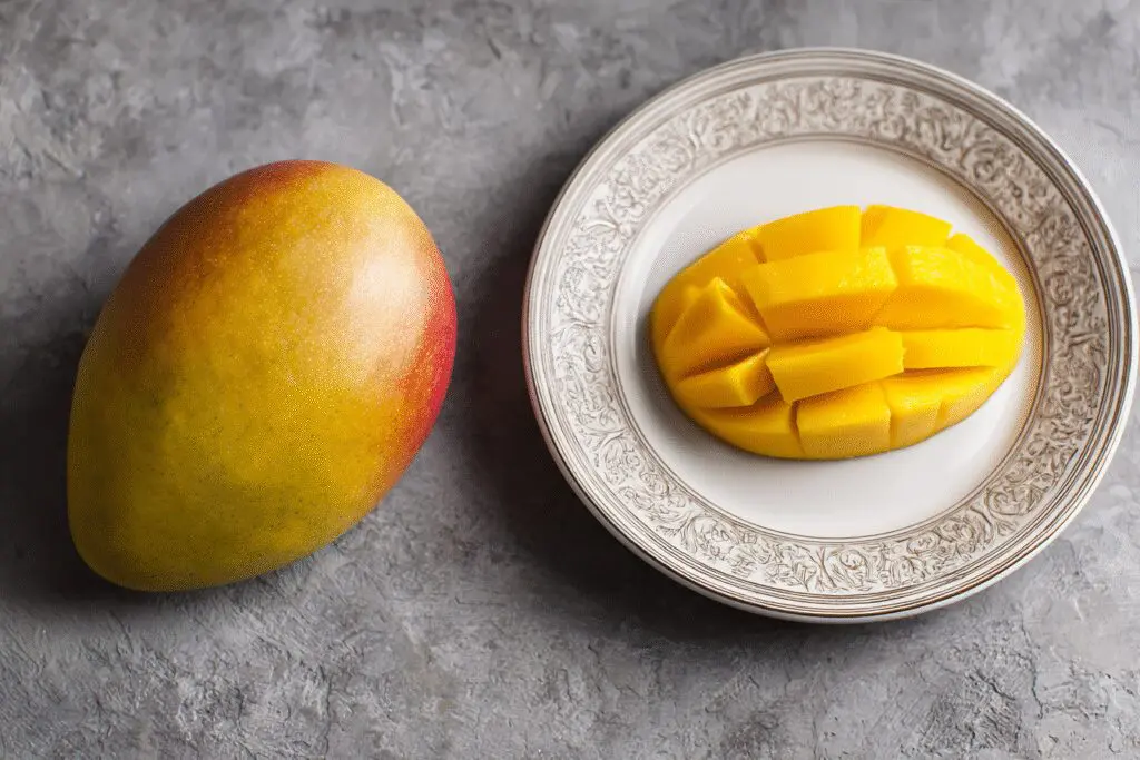 A mango with a single slice on a small plate a guide for the FAQ on is mango good for weight loss A mango with a single slice on a small plate a guide for the FAQ on is mango good for weight loss