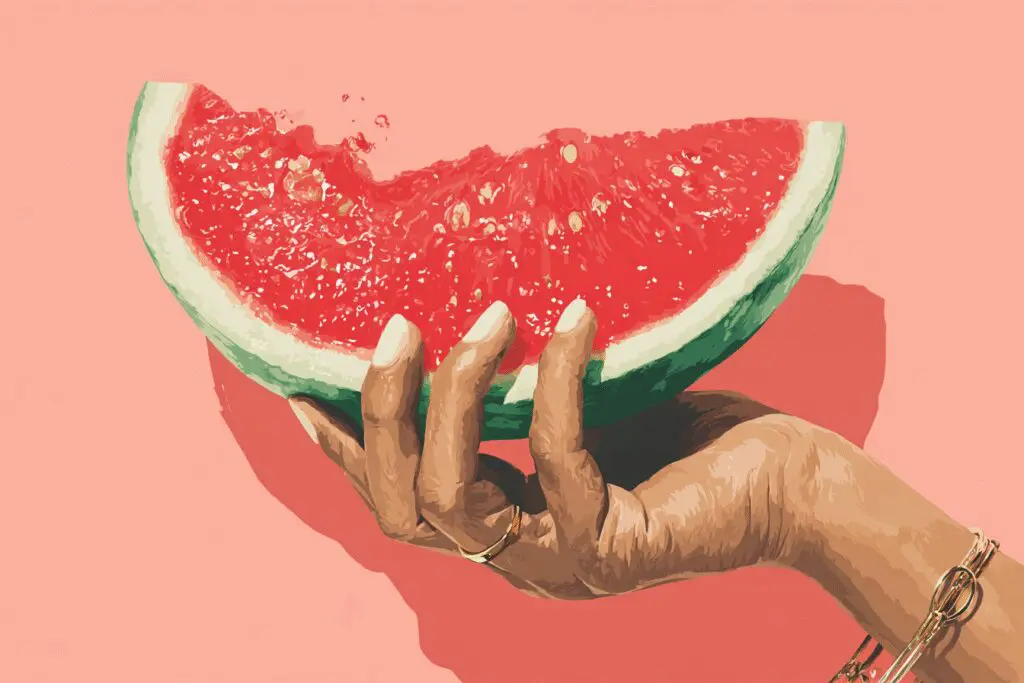 A person being refreshed by eating watermelon answering the FAQ on is watermelon good for weight loss A person being refreshed by eating watermelon answering the FAQ on is watermelon good for weight loss