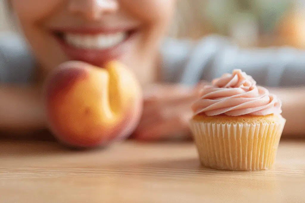 A person choosing a peach over a cupcake a visual for the FAQ on are peaches good for weight loss A person choosing a peach over a cupcake a visual for the FAQ on are peaches good for weight loss