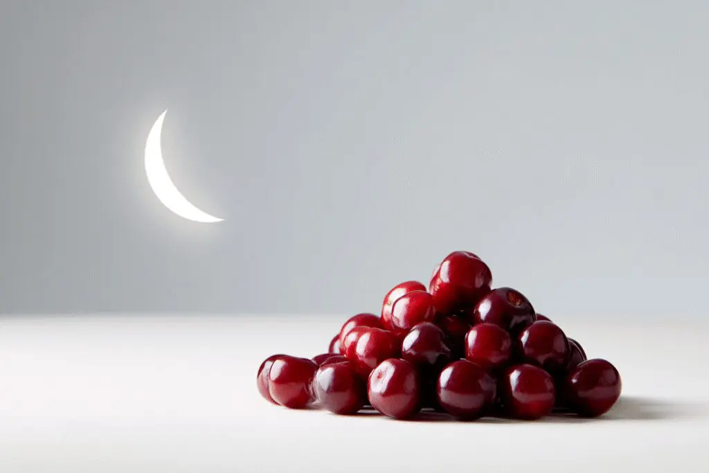 A pile of cherries next to a sleeping moon icon explaining if are cherries good for weight loss