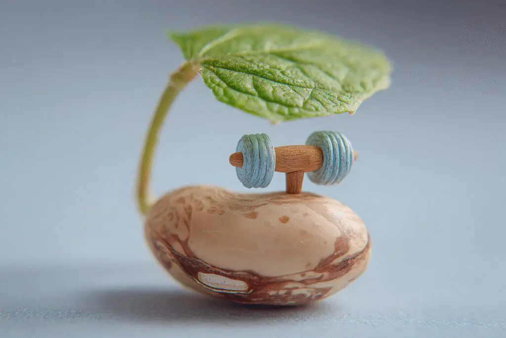 A pinto bean sprouting a leaf that holds a dumbbell a metaphor for are pinto beans good for weight loss