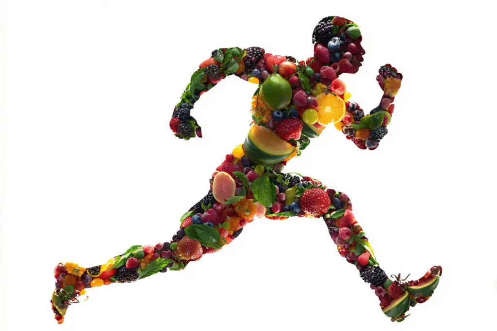 A running persons silhouette filled with fruit answering the FAQ on what fruits are good for weight loss A running persons silhouette filled with fruit answering the FAQ on what fruits are good for weight loss