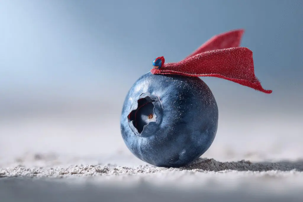 A single blueberry wearing a superhero cape illustrating if are blueberries good for weight loss