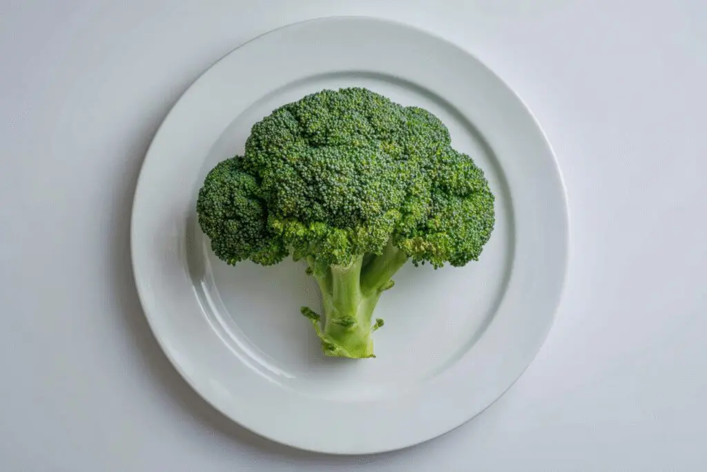 A single broccoli floret expanding to fill a plate illustrating if is broccoli good for weight loss