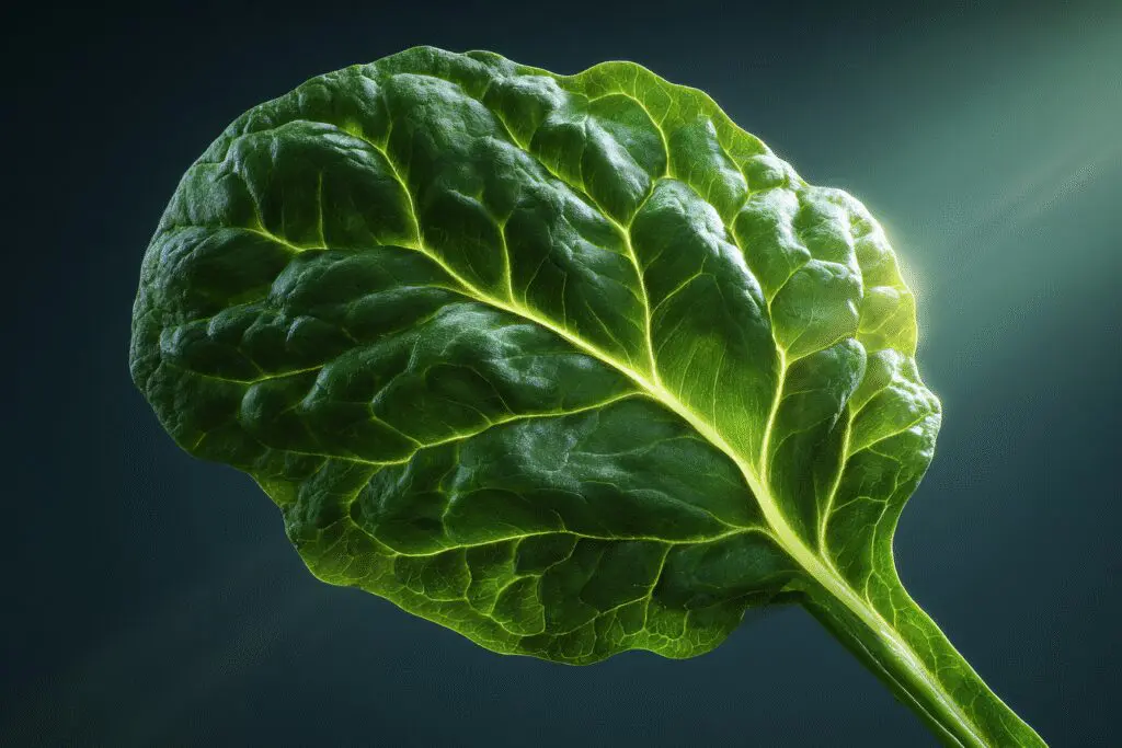 A spinach leaf shaped like a flexing muscle illustrating if is spinach good for weight loss