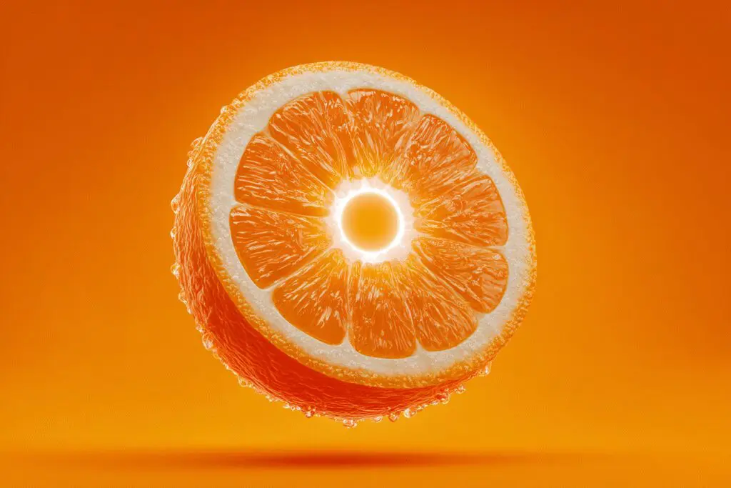 An orange with Vitamin C and fiber icons illustrating if are oranges good for weight loss