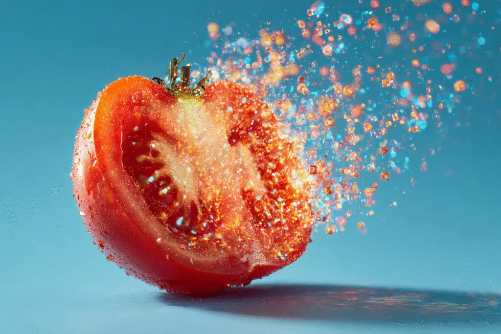 Glowing vitamin icons spilling from a tomato explaining if are tomatoes good for weight loss