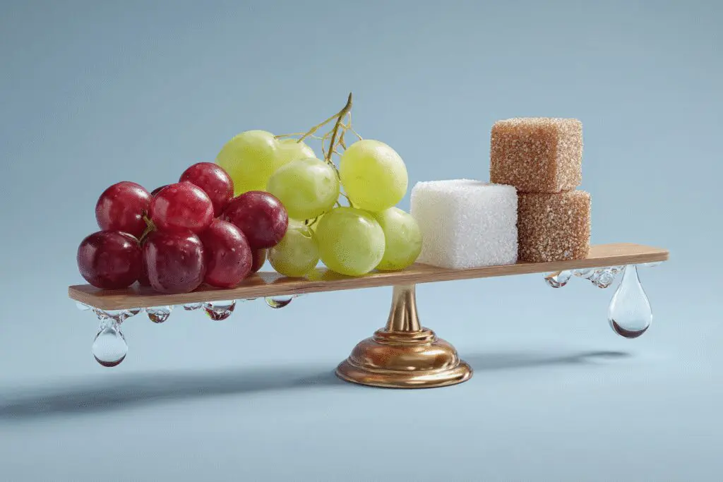 Grapes balancing with sugar water and fiber icons explaining if are grapes good for weight loss