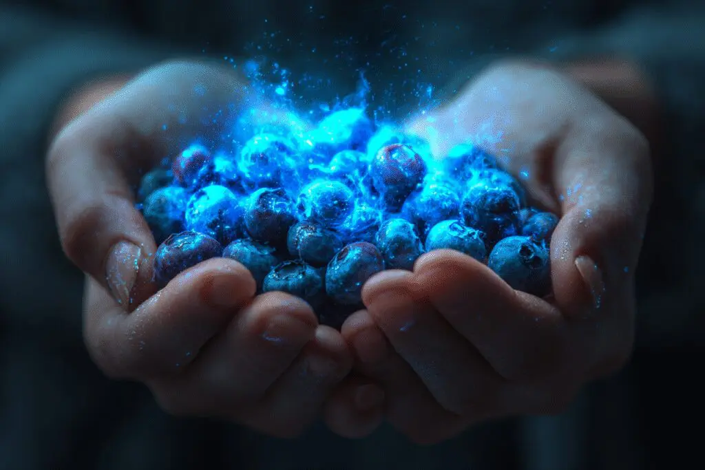 Hands holding blueberries that glow like energy orbs illustrating the FAQ are blueberries good for weight loss Hands holding blueberries that glow like energy orbs illustrating the FAQ are blueberries good for weight loss