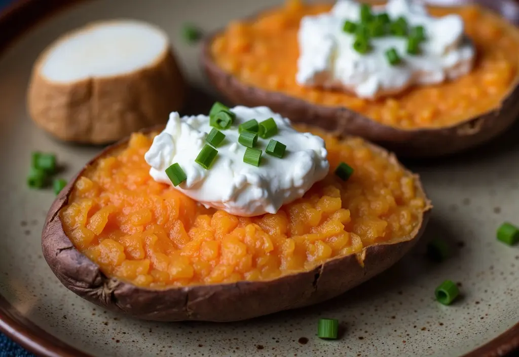 a baked sweet potato topped with cottage cheese showcased as a savory high-protein and fiber-rich meal for weight loss