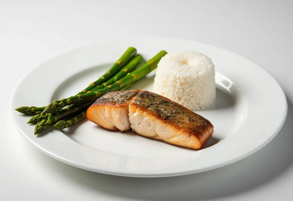a balanced post-workout meal featuring a small portion of white rice with lean protein and vegetables showing its use for energy replenishment