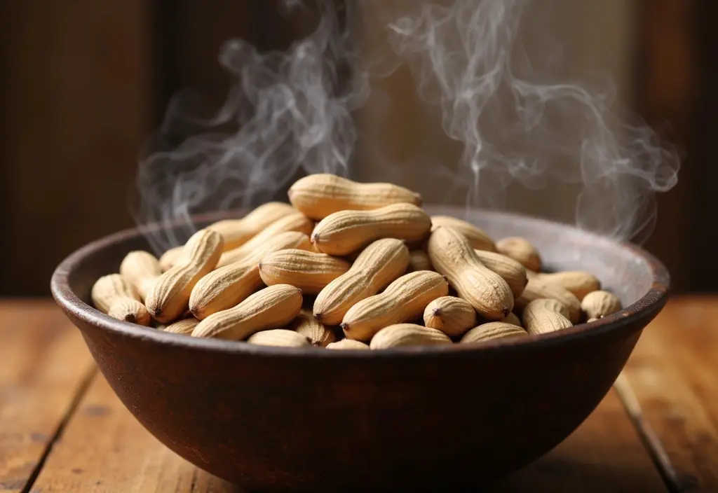 a bowl of boiled peanuts highlighted as a lower-calorie and more voluminous way to eat peanuts for a satisfying healthy snack