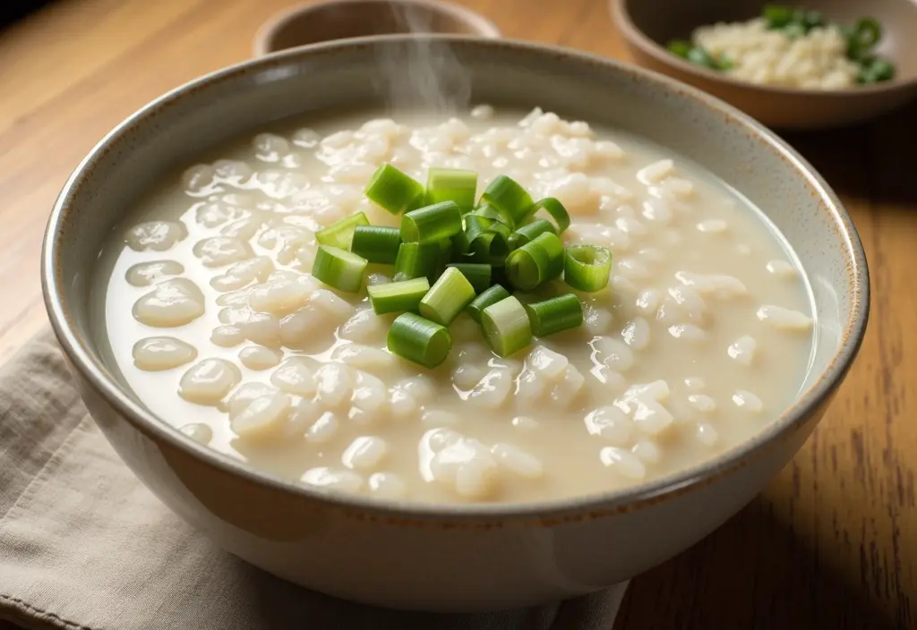 a bowl of congee rice porridge showing how white rice can be prepared in a low-calorie high-volume way for a weight loss meal