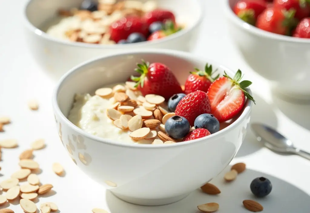 a bowl of cottage cheese with fresh berries and nuts showcased as a high-protein low-fat meal for weight loss