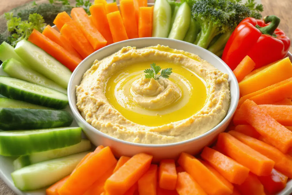 a bowl of hummus served with fresh vegetable sticks showcasing it as a healthy high-fiber and high-protein snack for weight loss
