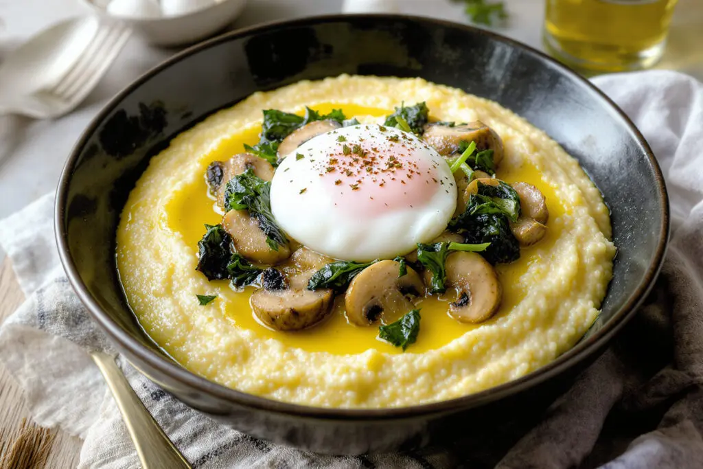 a bowl of polenta topped with vegetables and a poached egg showing how it can be prepared as a healthy low-fat and filling weight loss meal