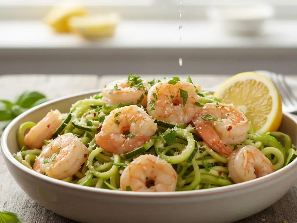 a bowl of shrimp served with zucchini noodles representing a low-carb high-protein alternative to pasta for weight loss