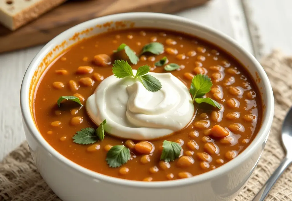 a bowl of soup garnished with a scoop of greek yogurt showing its use as a healthy high-protein substitute for sour cream