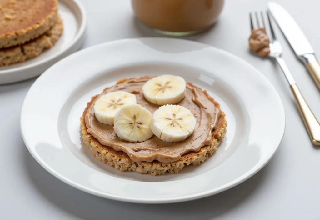 a brown rice cake with almond butter presented as a high-fiber portion-controlled snack for a weight loss plan