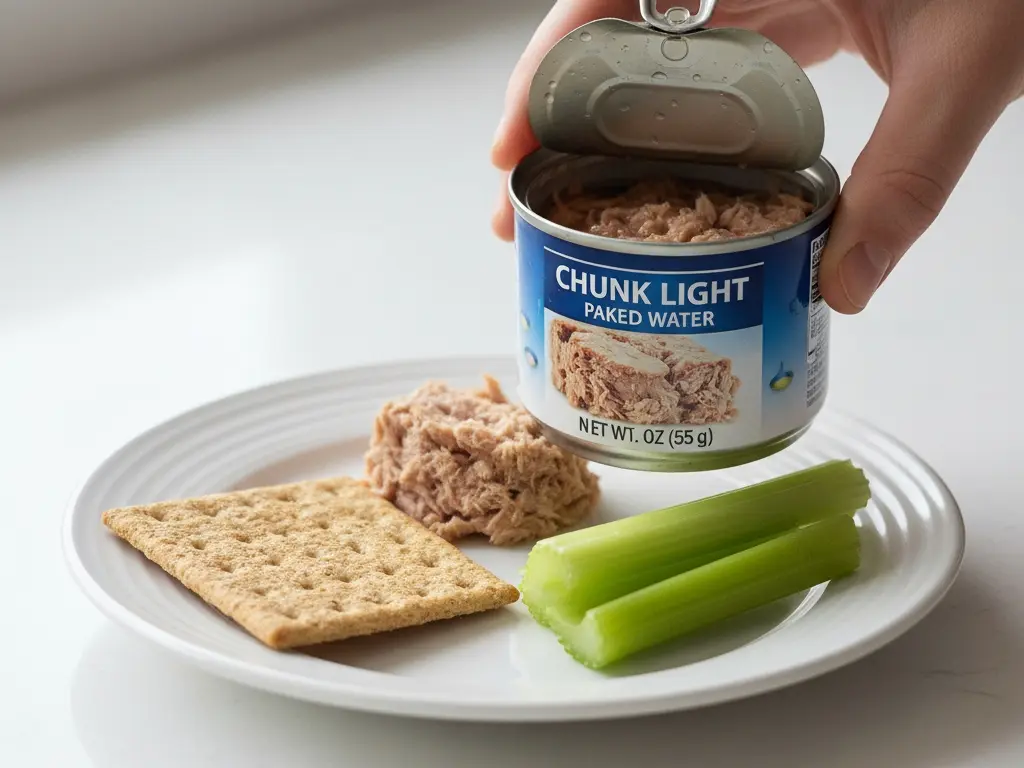 a can of tuna in water being opened presented as a simple and convenient protein source for a weight loss snack