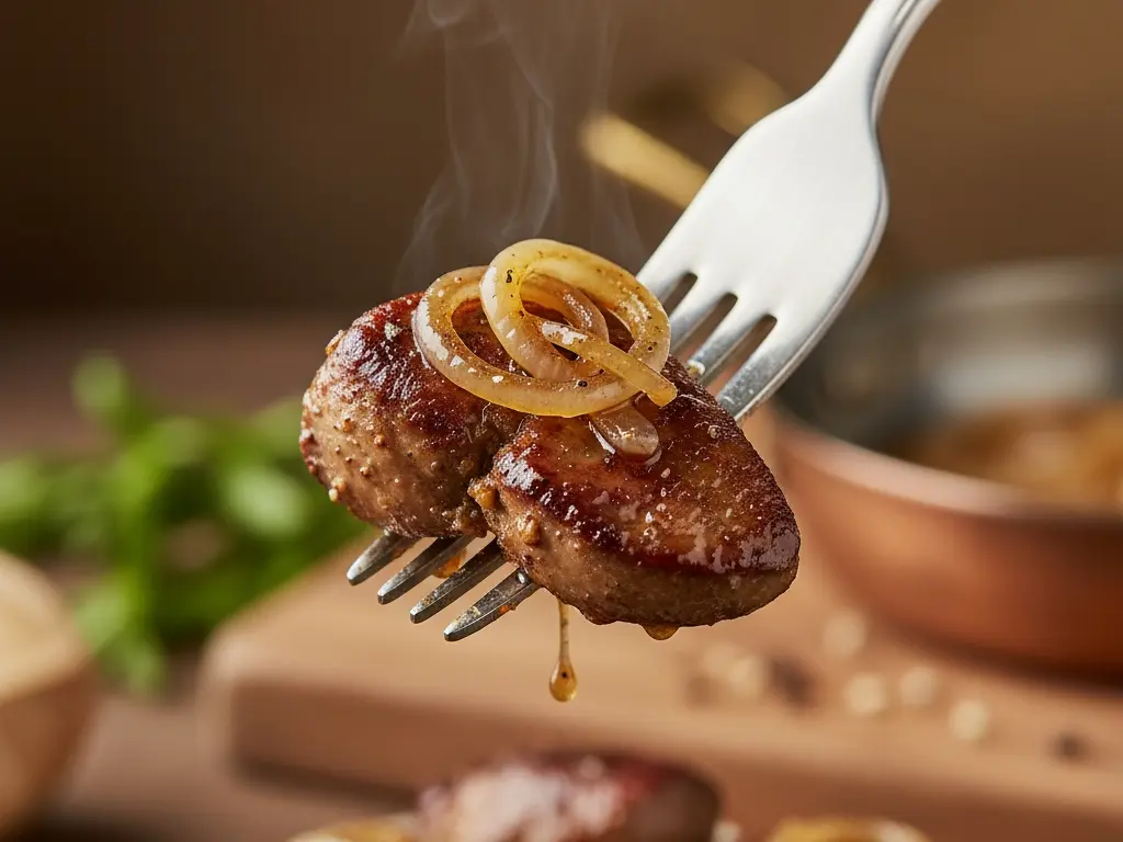 a close-up of a single bite of cooked liver on a fork emphasizing its role as a nutrient-dense food to be eaten in small portions