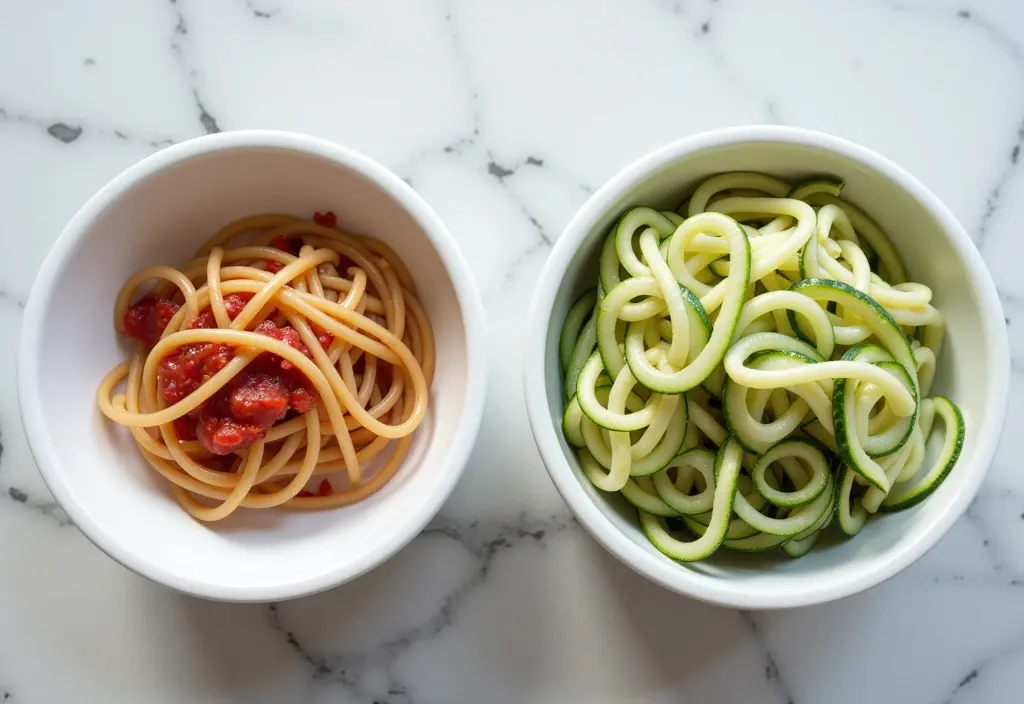 a comparison between a small portion of regular spaghetti and a large portion of zucchini noodle spaghetti highlighting a low-carb alternative for weight loss