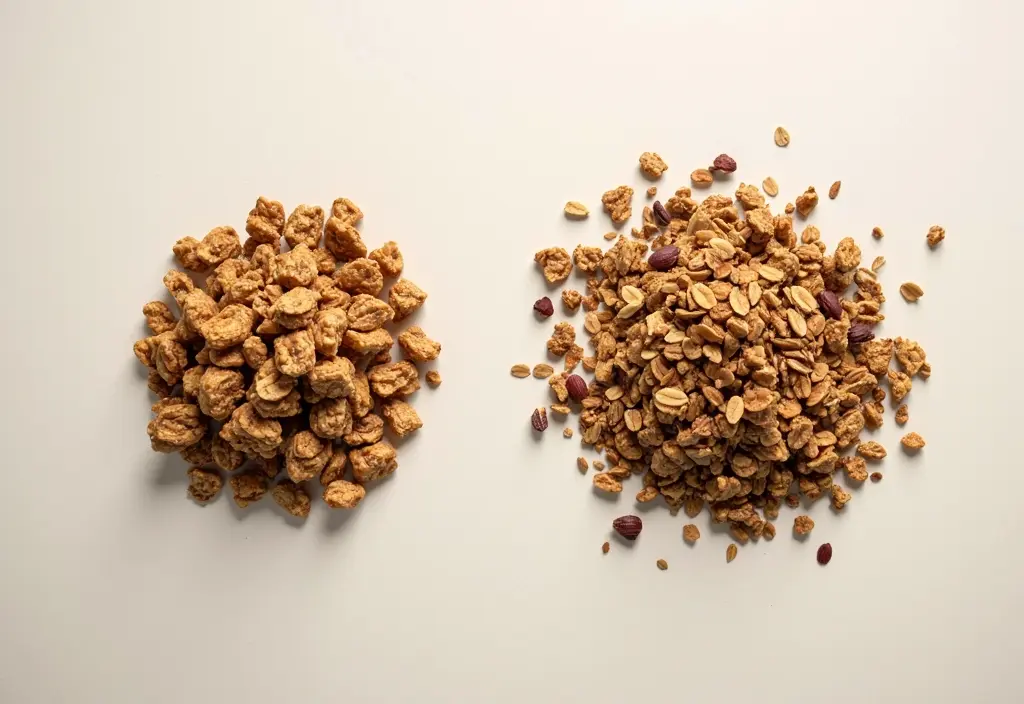 a comparison between sugary store-bought granola and a healthier homemade version emphasizing the importance of choosing low-sugar options