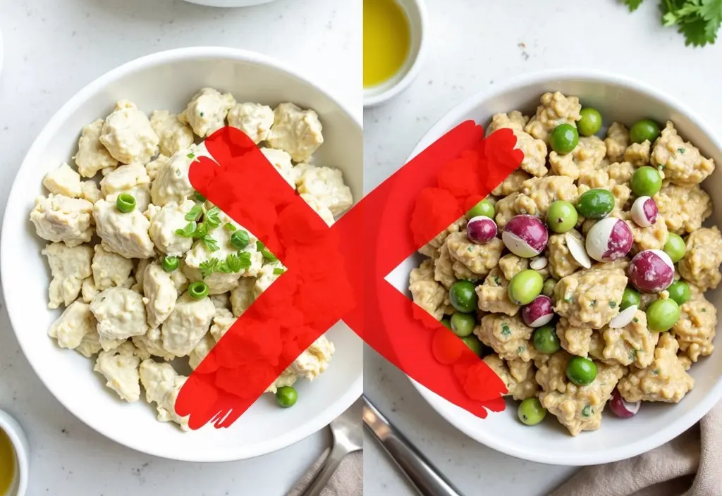 a comparison photo showing an unhealthy mayonnaise-based tuna salad next to a healthy oil-based one highlighting the better choice for weight loss