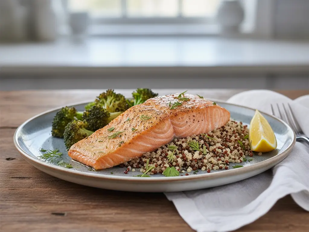 a fillet of baked salmon served with quinoa and broccoli illustrating a nutrient-dense meal with healthy fats and protein for weight loss