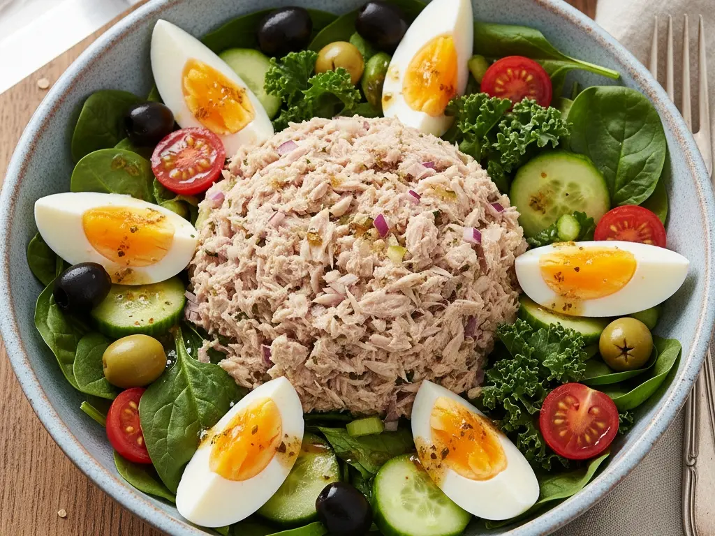 a fresh and healthy salad bowl topped with tuna showcasing a low-fat high-protein option for a weight loss meal