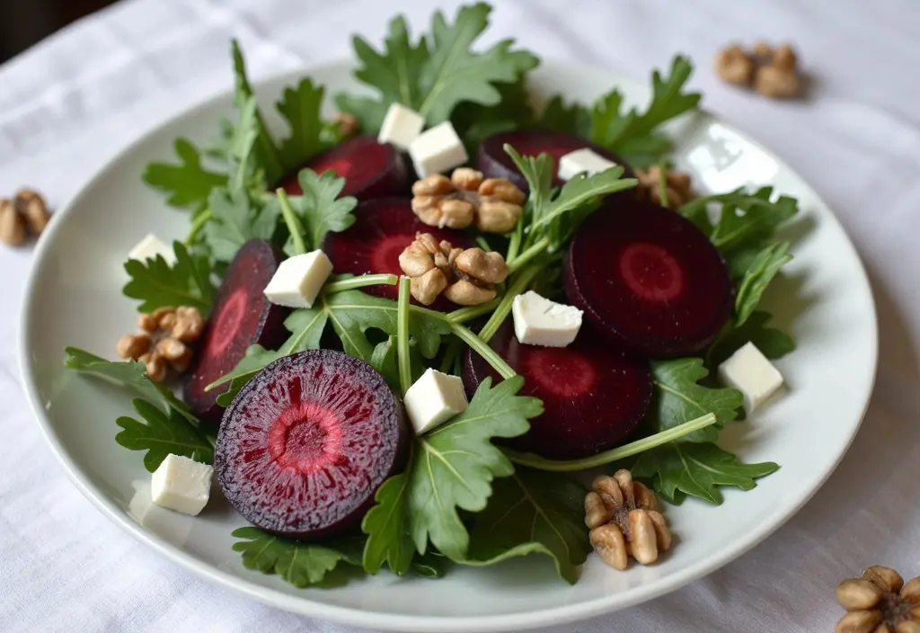 a healthy beet salad with a small amount of crumbled goat cheese showing it as a flavorful nutrient-dense topping used in moderation