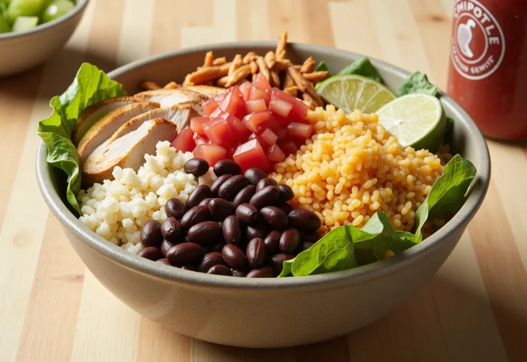 a healthy chipotle bowl packed with vegetables and lean protein illustrating how to build a low-calorie high-fiber meal for weight loss