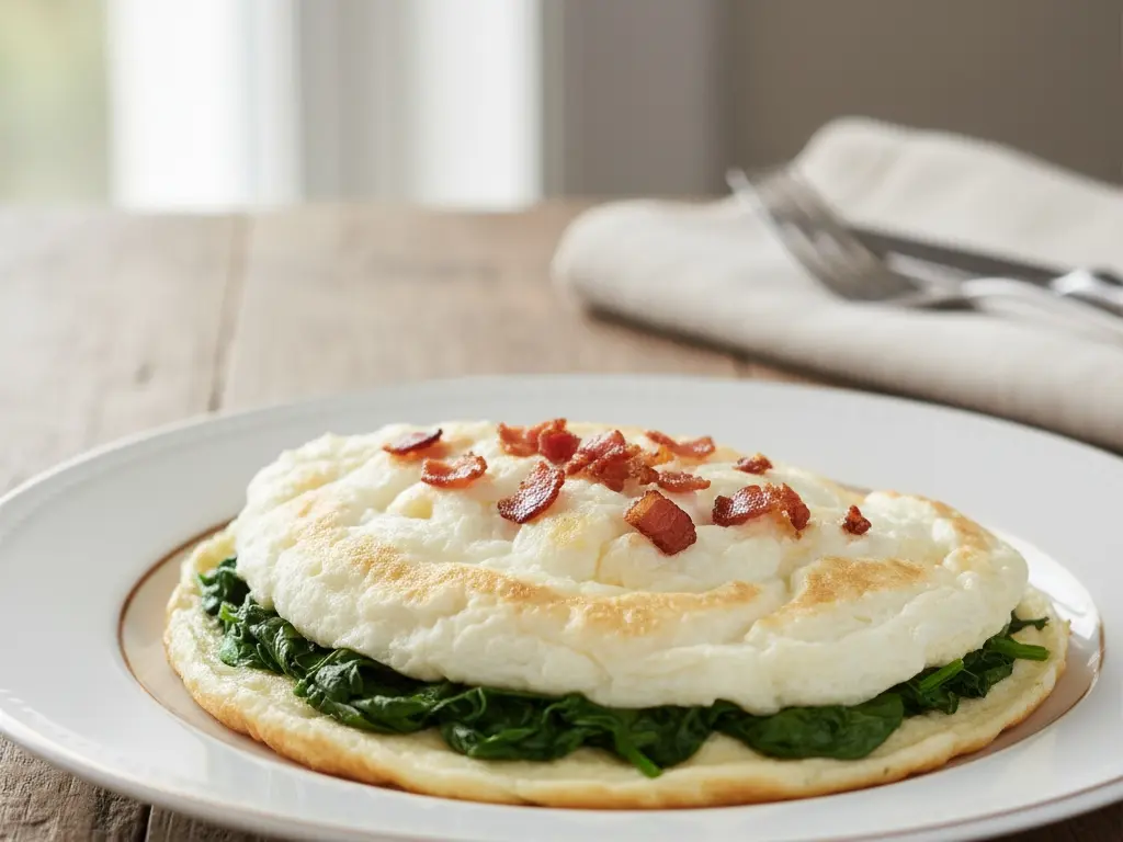 a healthy egg-white omelet with a small amount of crumbled bacon on top illustrating how to use it in moderation for flavor in a weight loss diet
