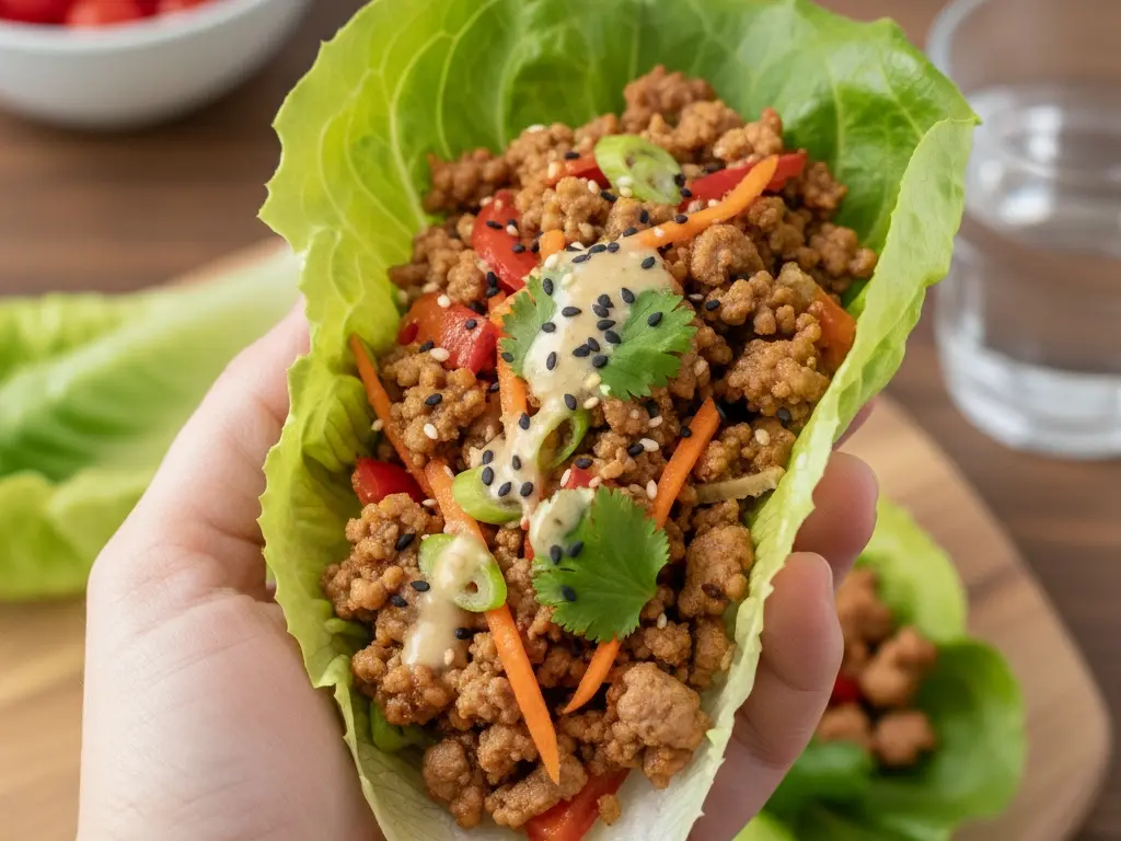 a healthy lettuce wrap filled with lean ground pork and vegetables showcasing a low-carb high-protein meal option for weight loss