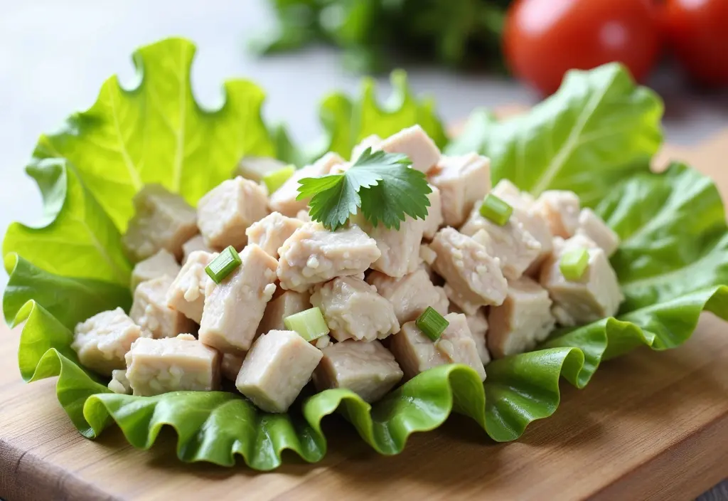 a healthy tuna salad made with greek yogurt instead of mayonnaise served in a lettuce leaf as a light option for weight loss