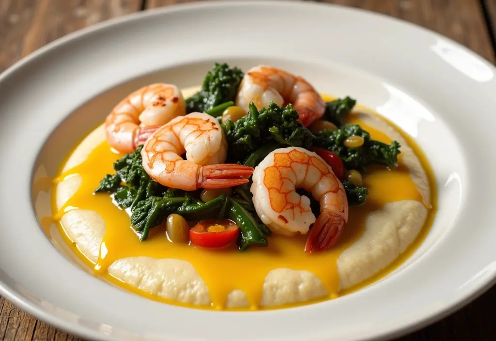 a healthy version of shrimp and grits with lots of vegetables demonstrating how to adapt the dish for a weight loss plan