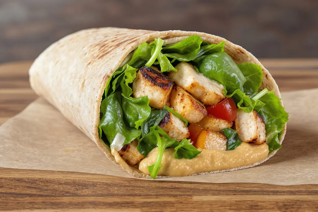 a healthy wrap using hummus as a nutritious high-protein spread instead of mayonnaise for a weight loss-friendly meal
