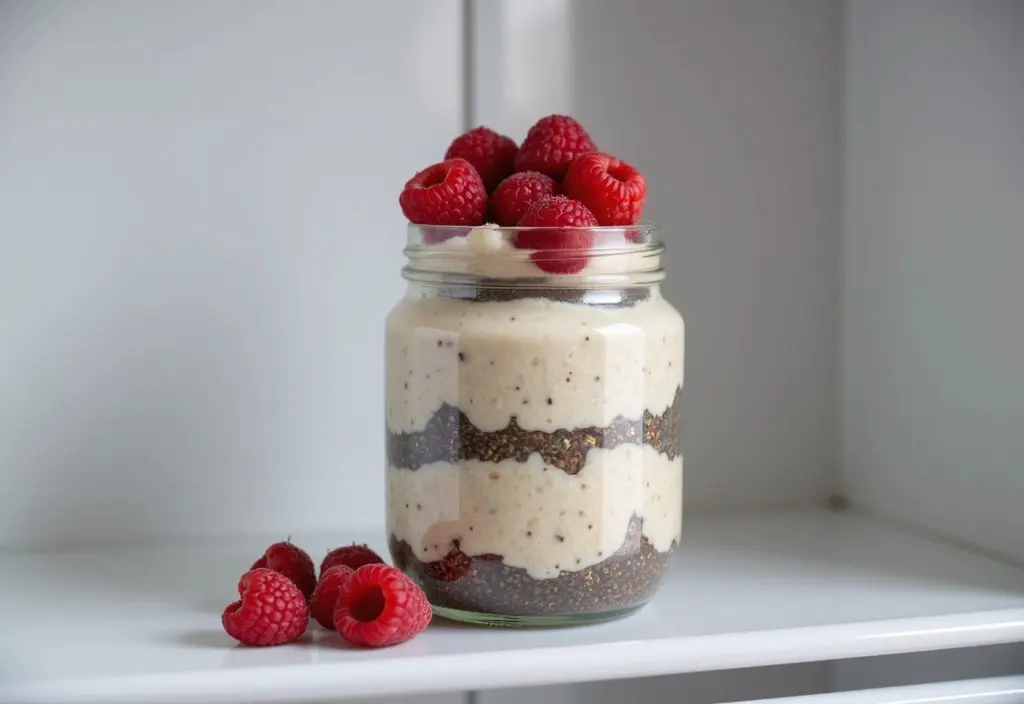 a jar of overnight oats with healthy toppings showcased as a convenient fiber-rich and portion-controlled breakfast for weight loss