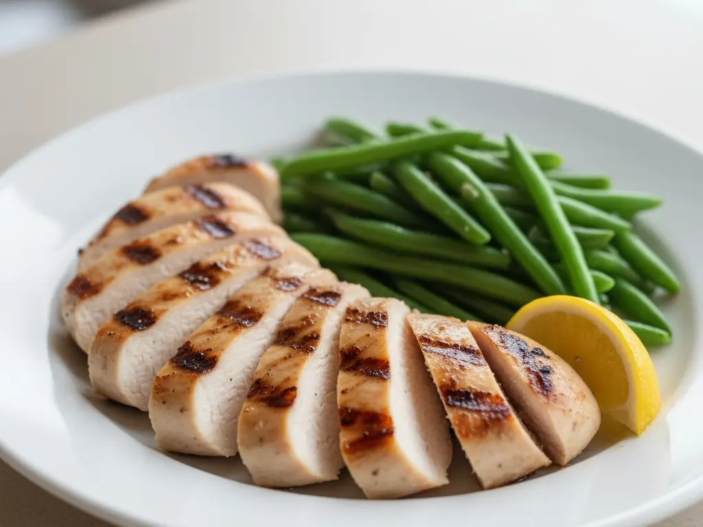 a lean grilled chicken breast served with green beans representing a classic healthy high-protein meal for weight loss