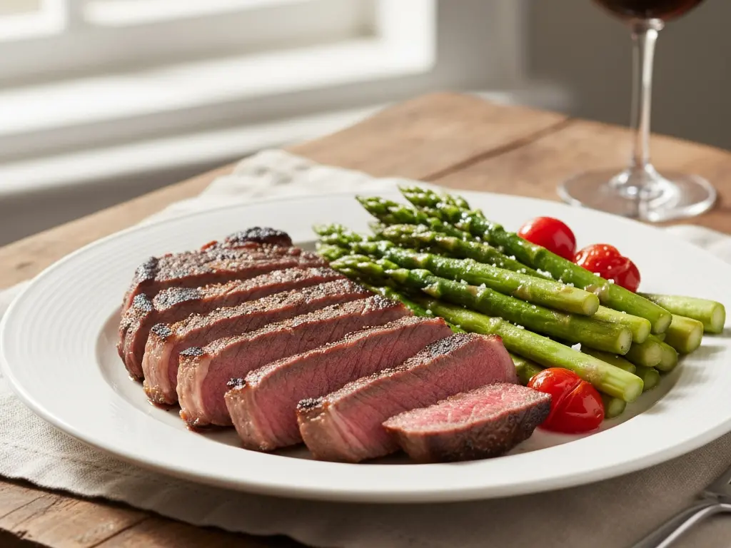 a lean grilled steak served with a generous portion of green vegetables representing a high-protein meal suitable for a weight loss diet