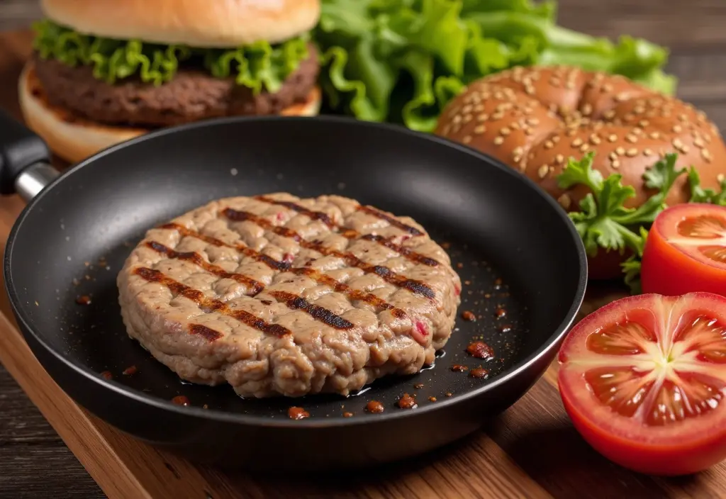 a lean ground turkey burger being cooked presented as a healthier high-protein alternative to a traditional beef burger for weight loss