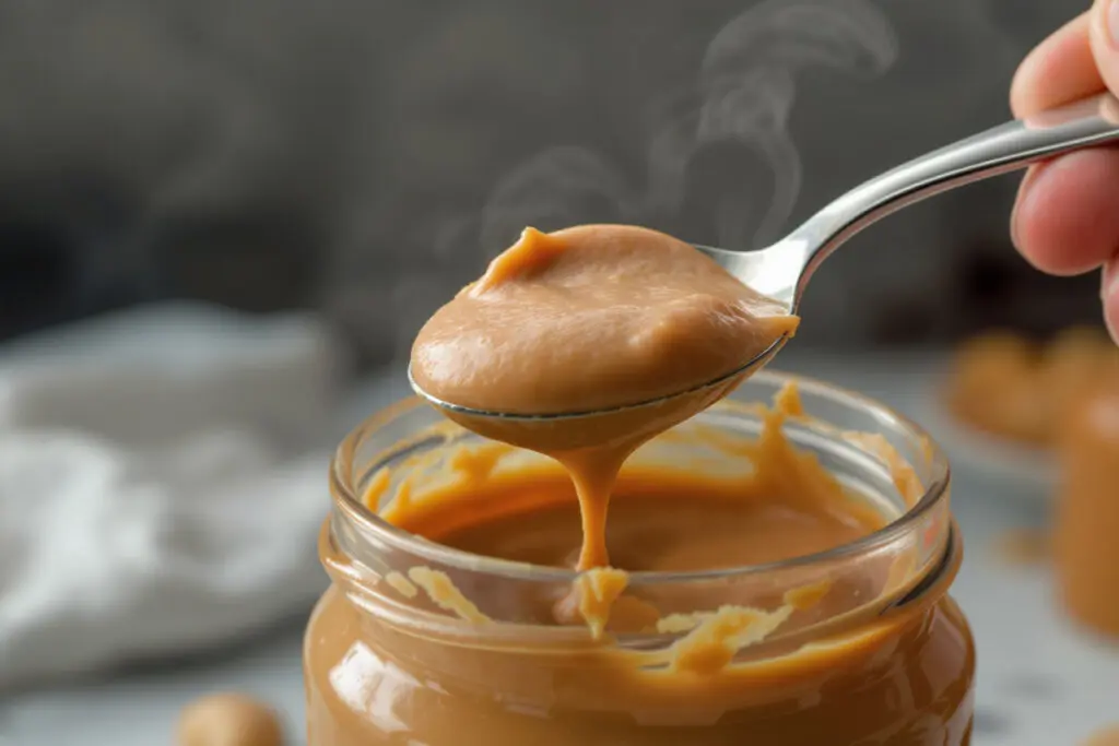a level measuring tablespoon of natural peanut butter highlighting the importance of strict portion control for this calorie-dense food